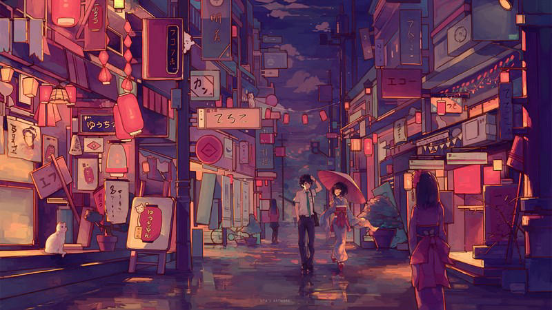 Hình nền anime đẹp, thành phố về đêm 