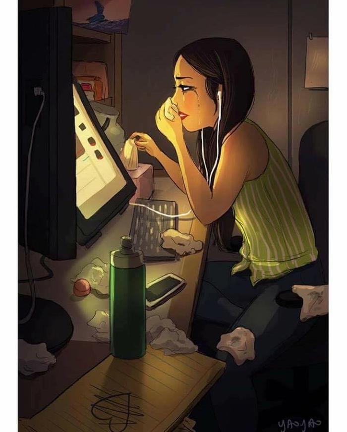 Tranh vẽ cô gái buồn khóc một mình cô đơn