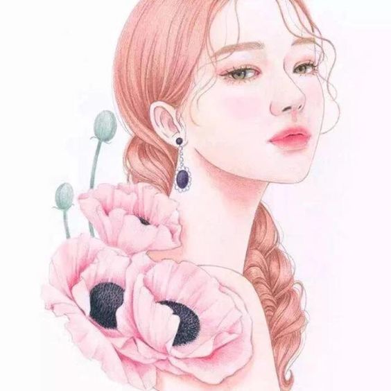 Bộ tranh vẽ tay chì màu tuyệt đẹp Cô Gái Với Hoa