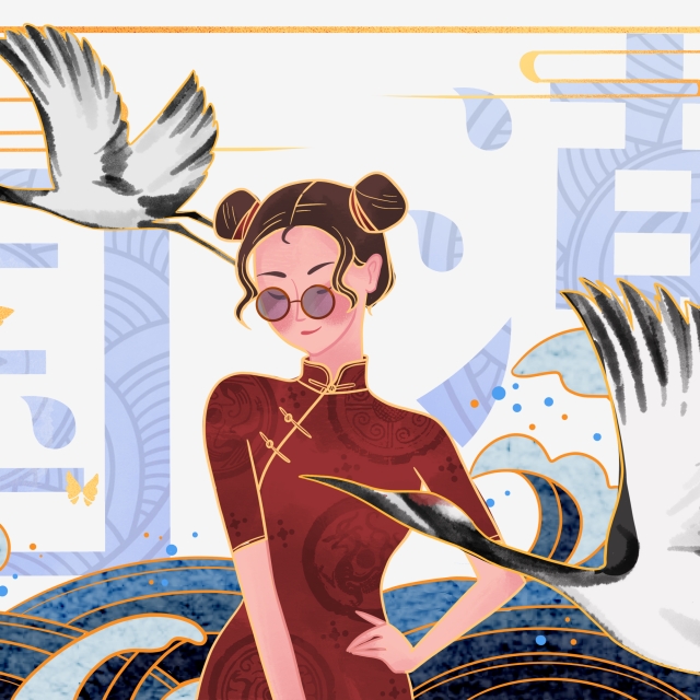 Hình vẽ cô gái cá tính trong bộ đồ truyền thống Trung Quốc