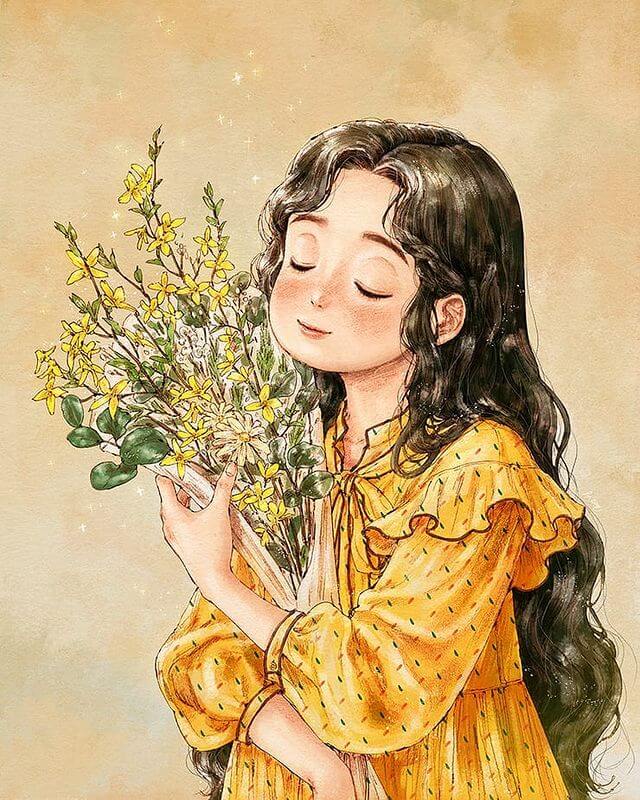 Ảnh vẽ cô gái đẹp với bó hoa thơm ngát